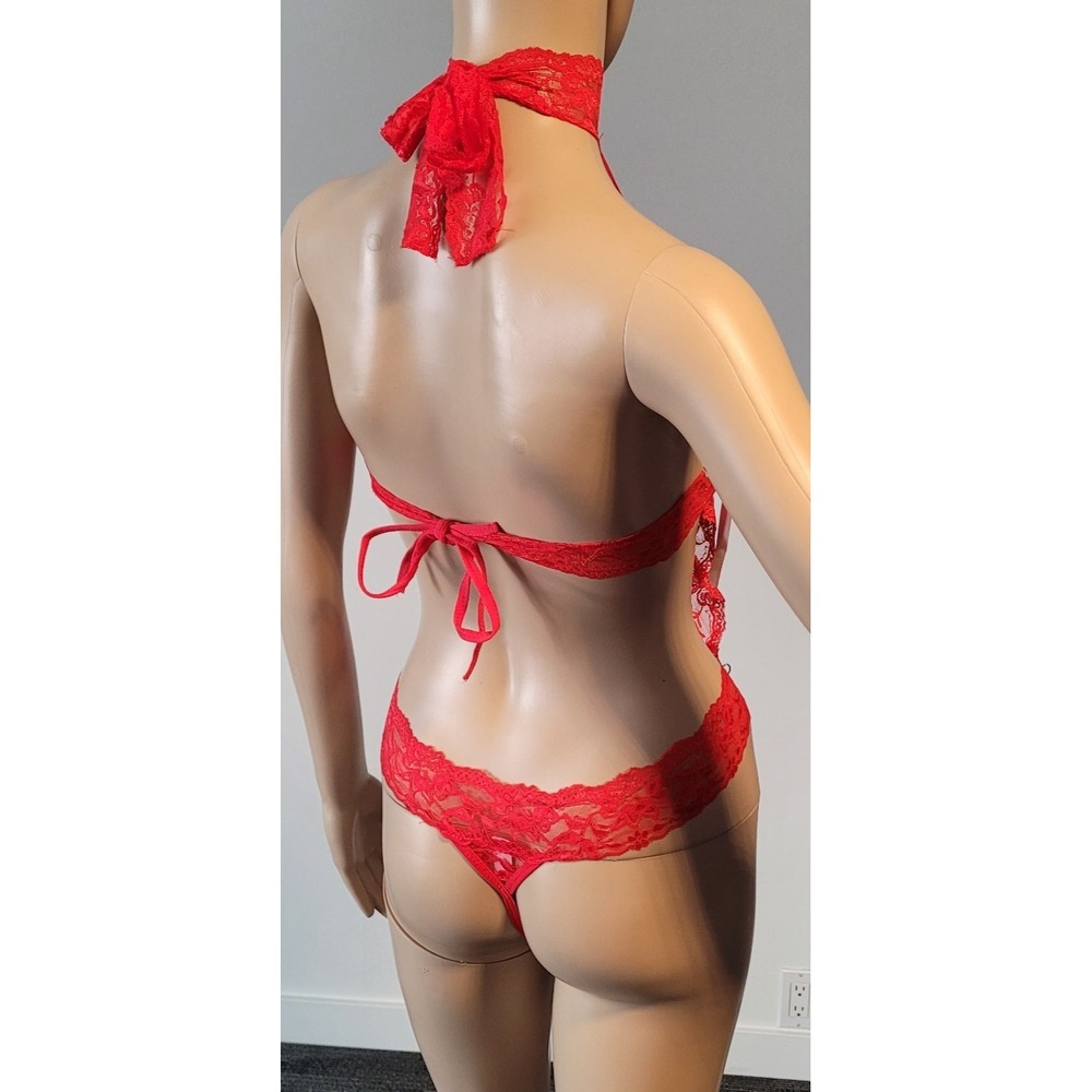Women's Sexy Red with Black Lace Up Nylon Teddy  With G-String Bottom Size S/M‎ - Picture 10 of 10